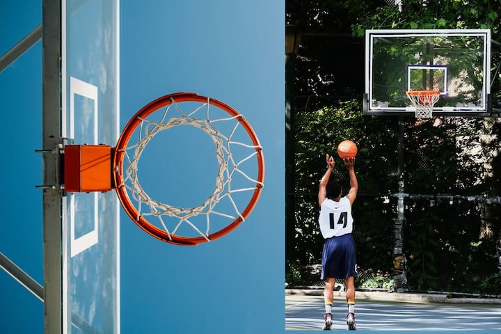 Basketball hoop and player on the shared court